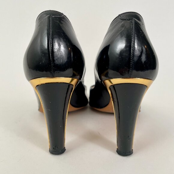 Jimmy Choo Black Patent Leather Peeptoe Pumps With Gold Detail, Size 37 (7) - Picture 5 of 11
